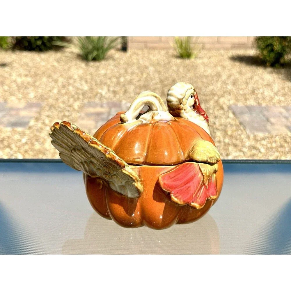 Ceramic Pumpkin Turkey Container w Lid Thanksgiving Orange Brown Holiday Dish